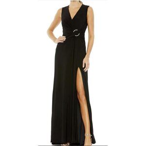 Mac Duggal Black Formal Maxi Dress Draped Jersey Rhinestone Gown Sz 8 NWOT